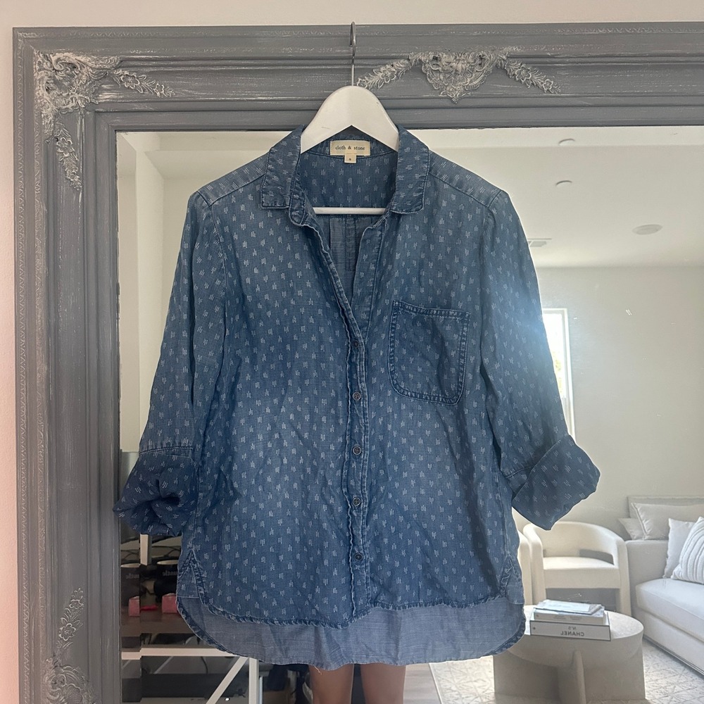 Cloth‎ & Stone Anthropologie Chambray Print Button Down Shirt Top Blue Boho S